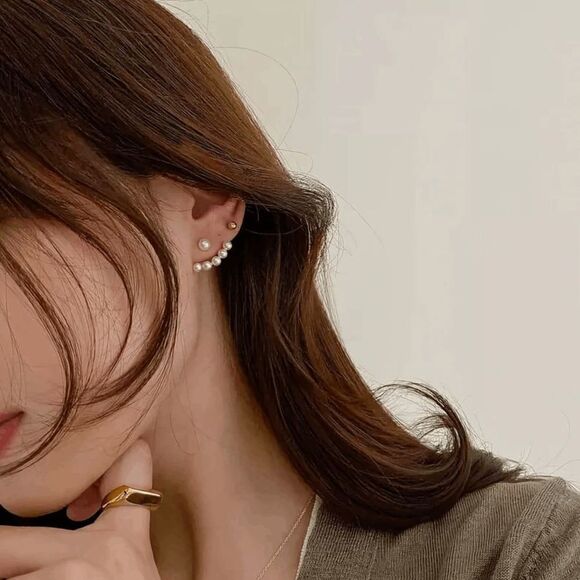 Gold Pearl Ear Crawler Jacket Stud Earrings - Picture 3 of 8